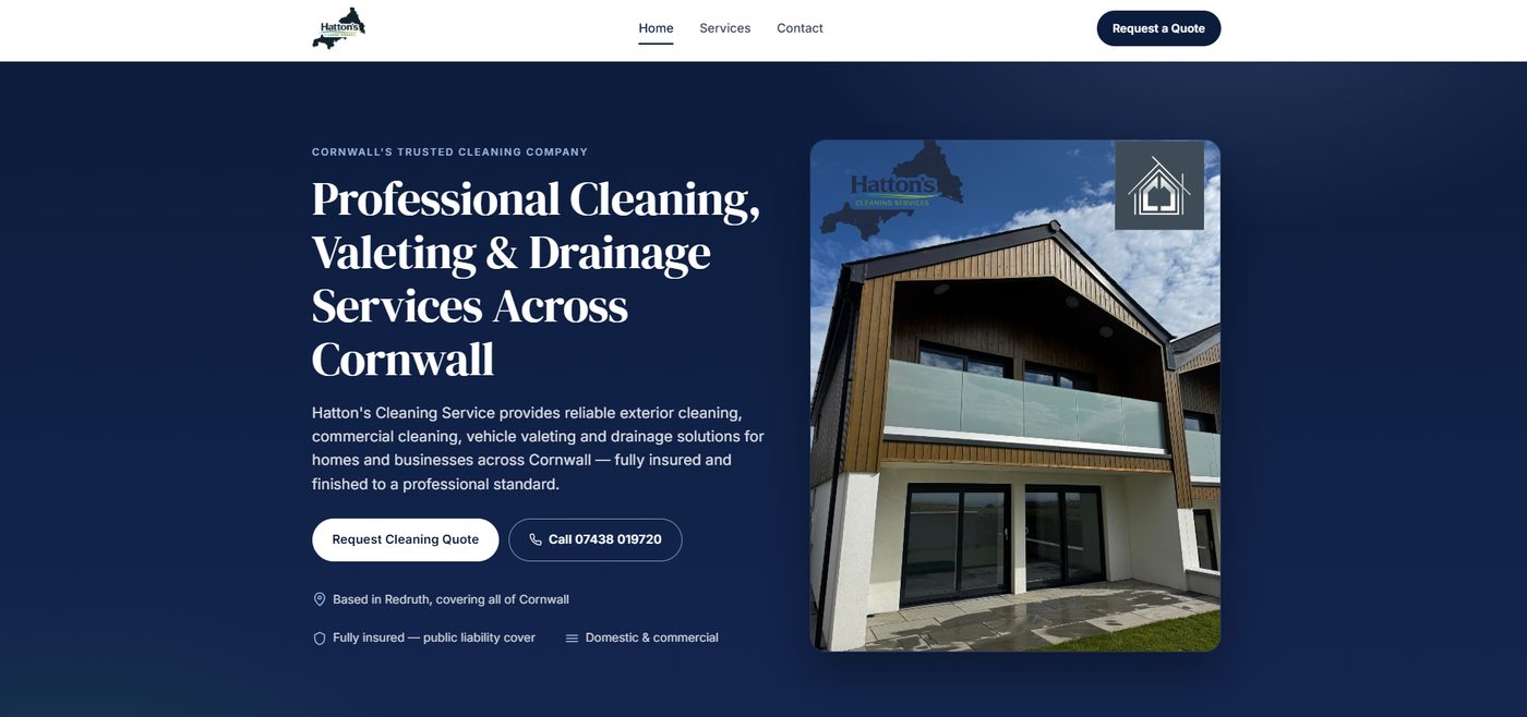 Hatton's Cleaning Services website homepage, case study preview