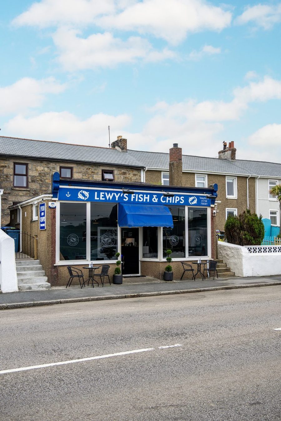 Lewy's Fish & Chips storefront on Hayle Harbour, Cornwall